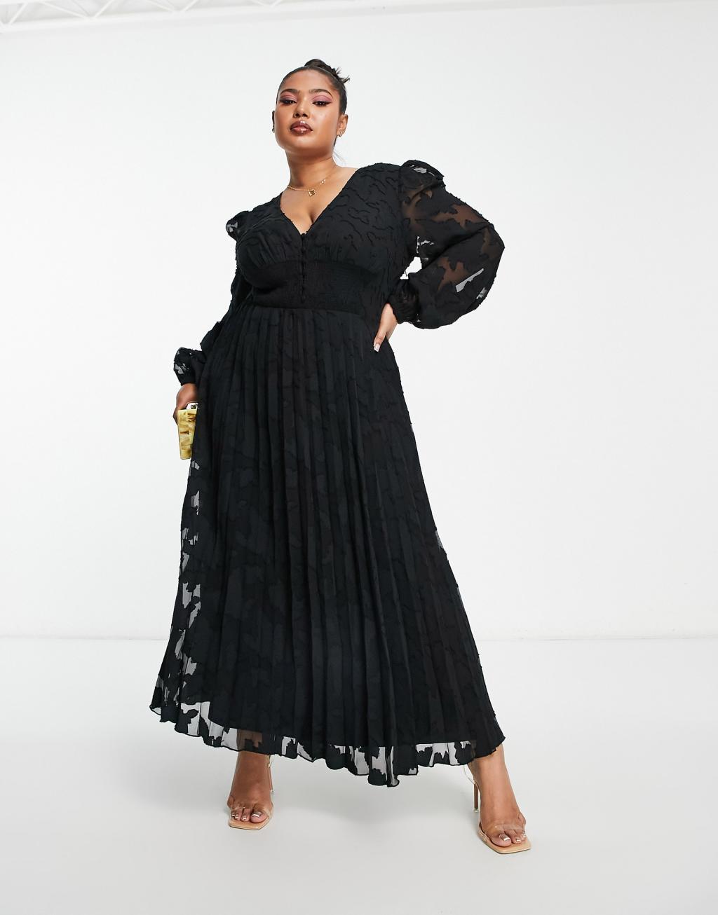 ASOS DESIGN Curve burnout button through shirred waist pleated midi dress in black Product Image