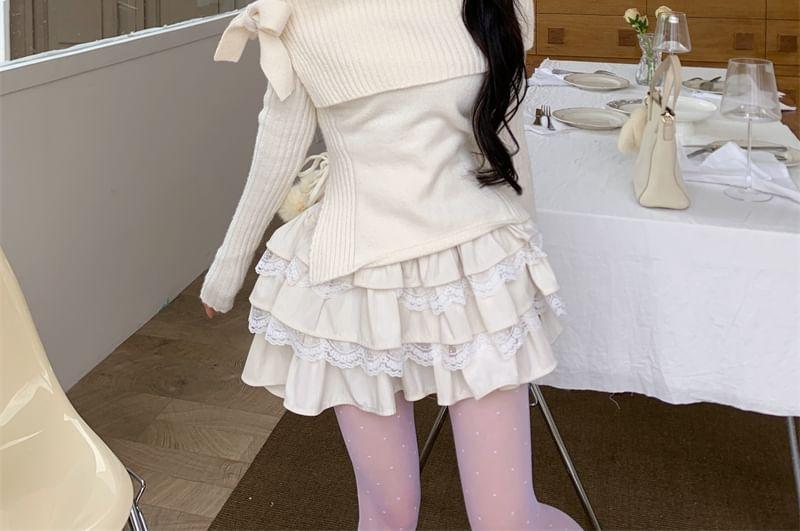 Cold Shoulder Plain Sweater / Mid Waist Mini Tiered Skirt Product Image