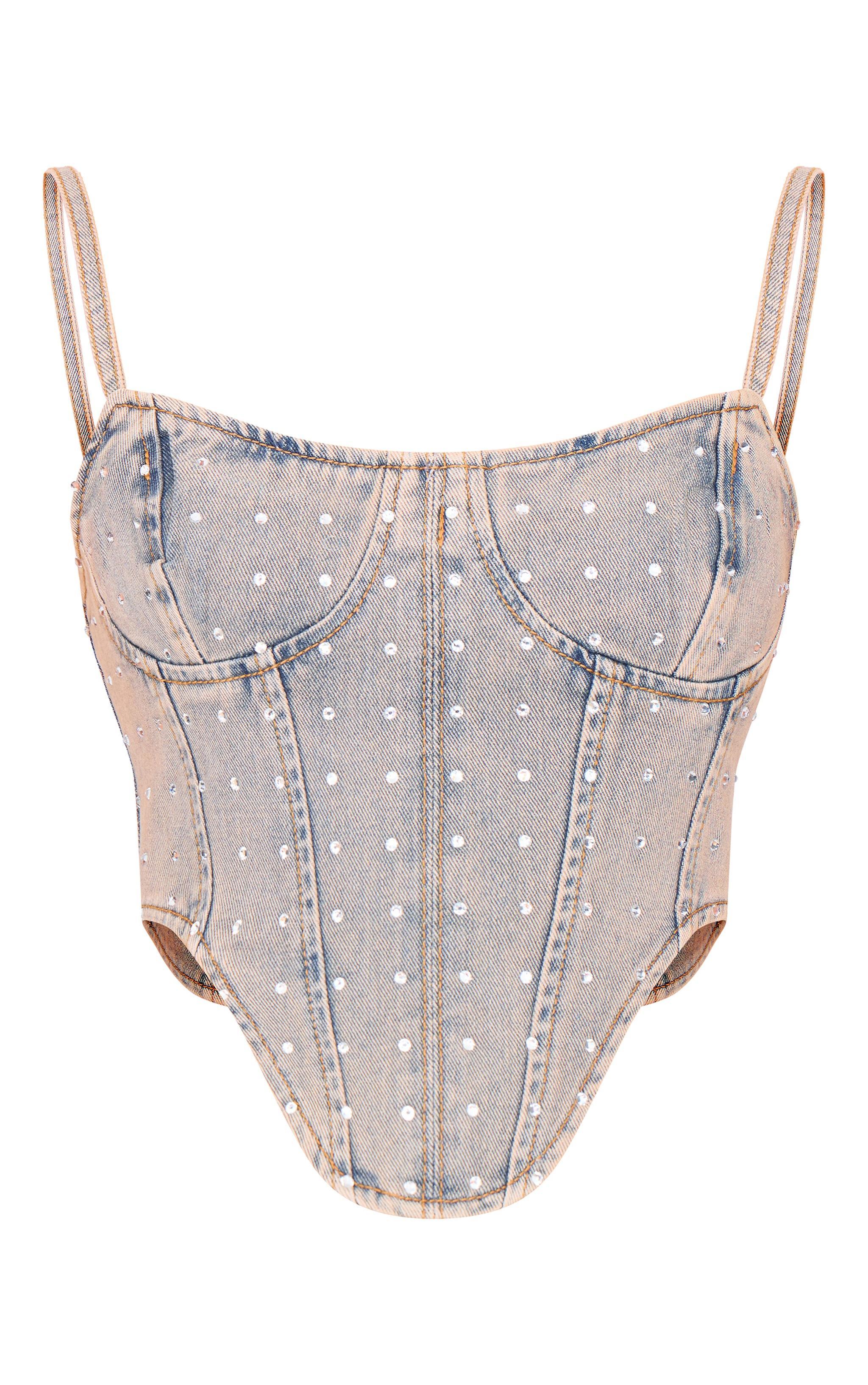 Pink Tint Vintage Wash Diamante Detail Curved Hem Denim Corset Top Product Image