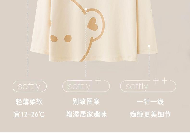 Loungewear Set : Long-Sleeve Bear Print Padded T-Shirt + Pants Product Image