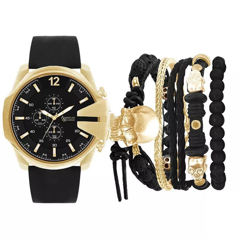 American Exchange Mens Black Leather Strap Watch 52mm Gift Set Product Image