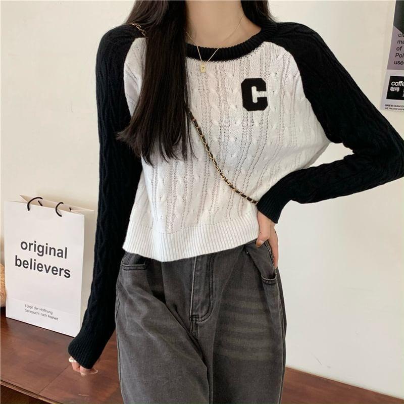 Long-Sleeve Crewneck Lettering Raglan Crop Knit Top Product Image