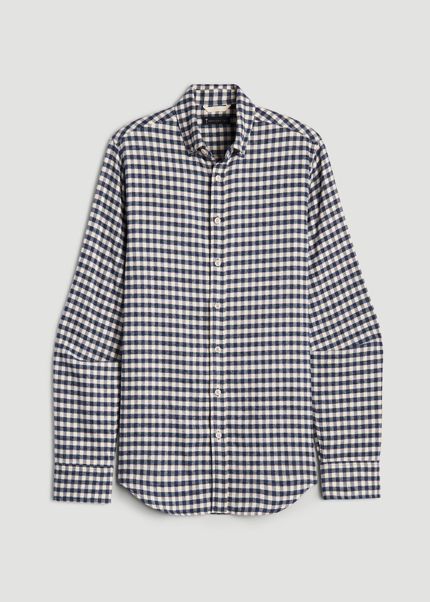 Midweight Brushed Flannel Button Shirt for Tall Men in Blue and Ecru Gingham Product Image