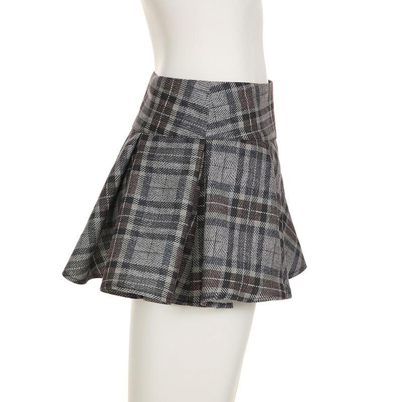 Low Rise Plaid Mini A-Line Skirt Product Image