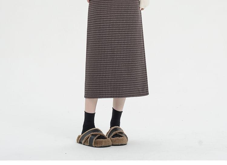 High Rise Plaid Slit Midi A-Line Skirt Product Image