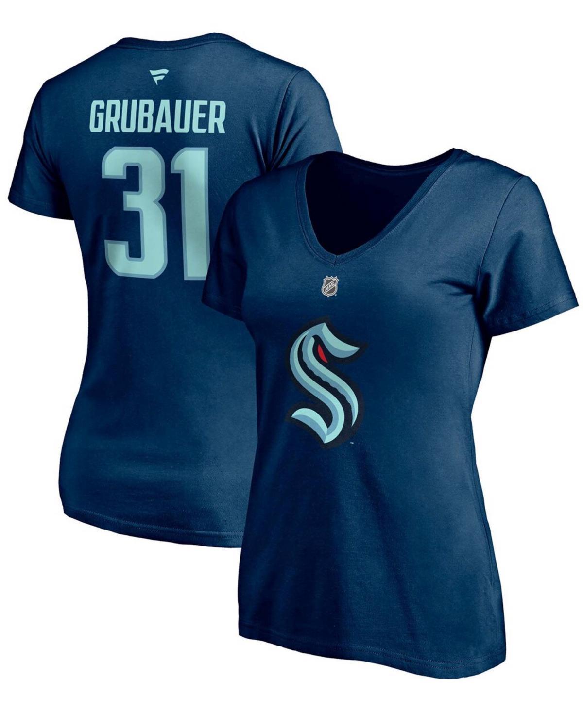 Womens Fanatics Branded Philipp Grubauer Deep Sea Blue Seattle Kraken Authentic Stack Name & Number V-Neck T-Shirt Krk Blue Product Image