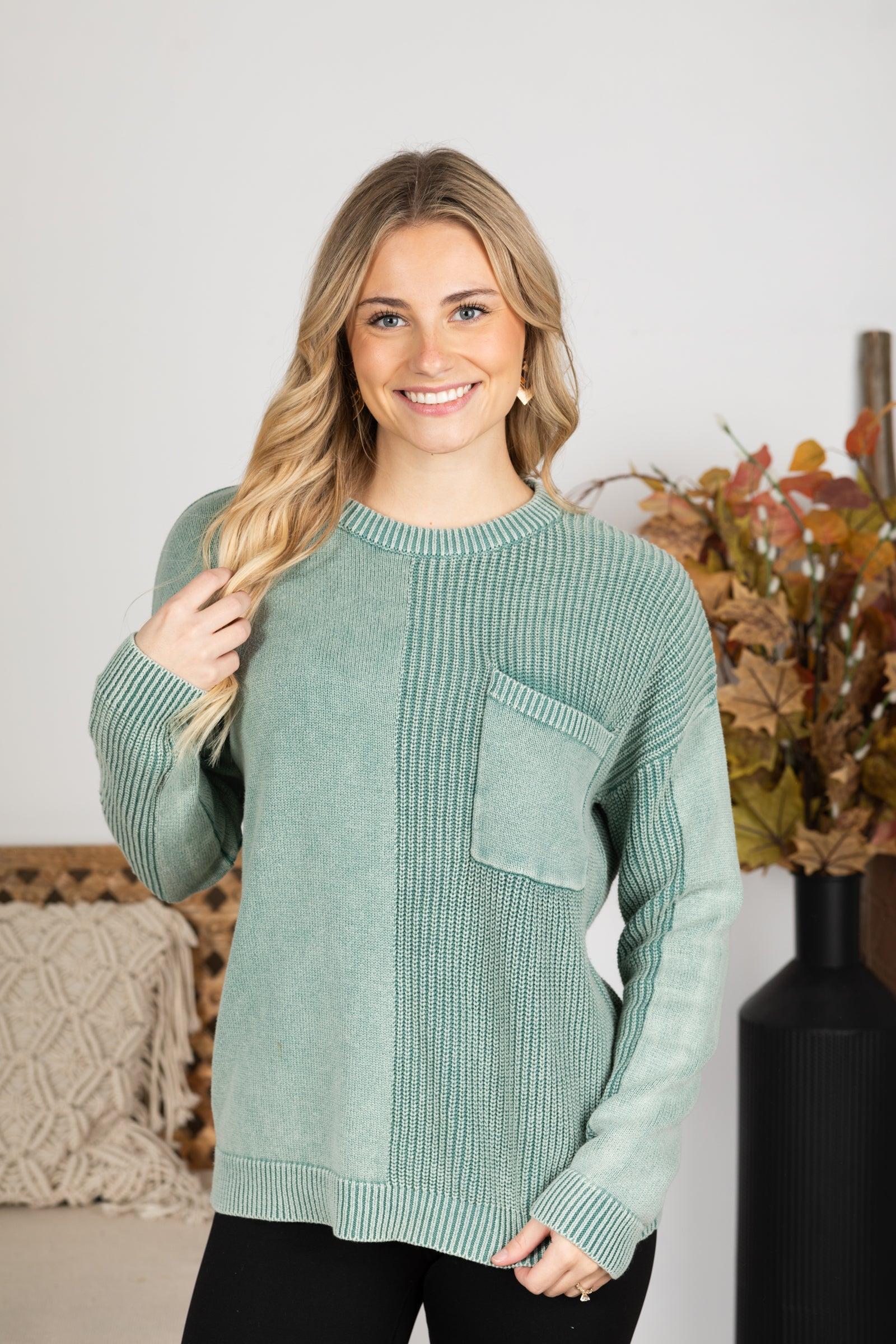 Washed Waffle Knit Sweater With Pocket Product Image