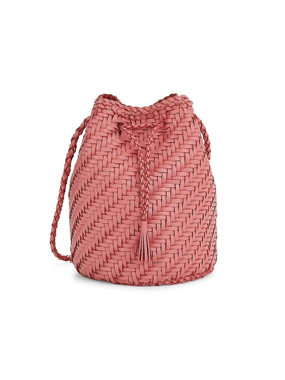 Womens Pom Pom Woven Leather Bucket Bag Product Image