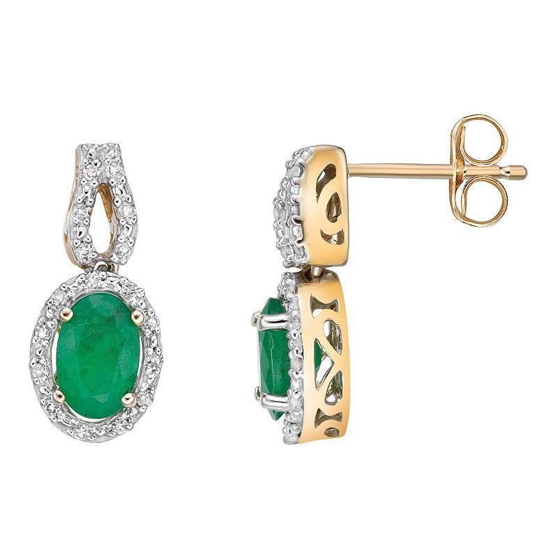 Gemminded 10k Gold 1/10 Carat T.W. Diamond & Emerald Drop Earrings, Womens, Green Product Image