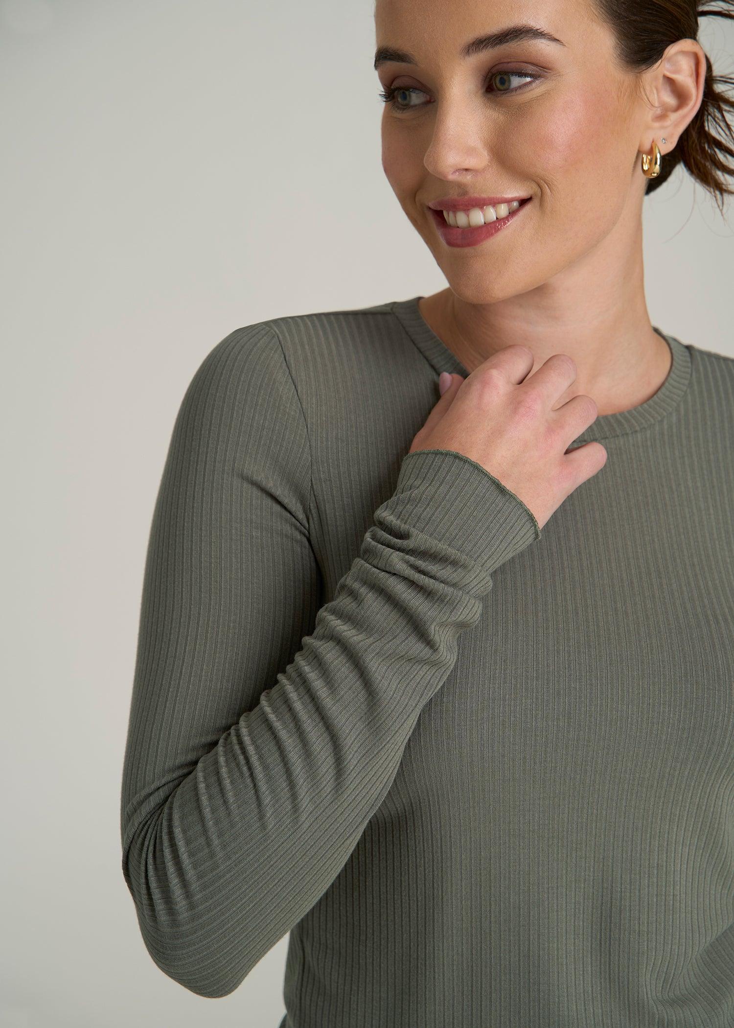 Lightweight Ribbed Cropped Lounge Shirt for Tall Women in Camper Green Female Product Image