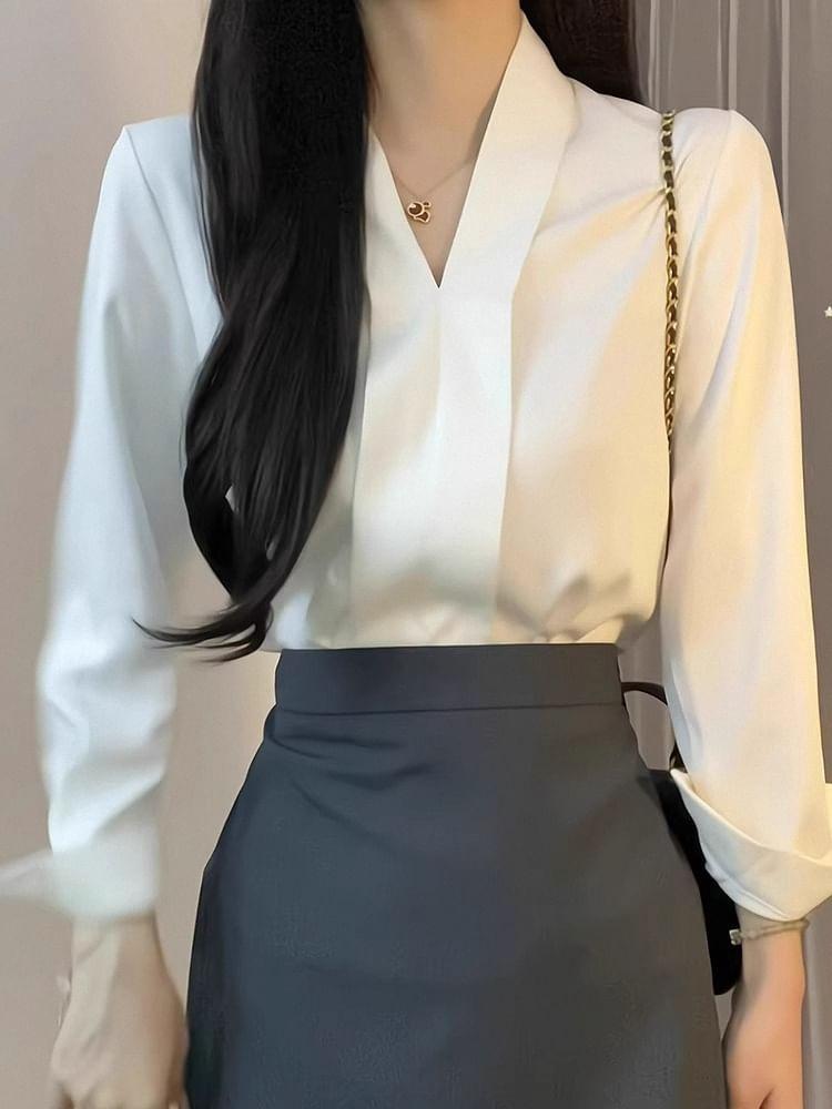 Long Sleeve V-Neck Plain Blouse Product Image