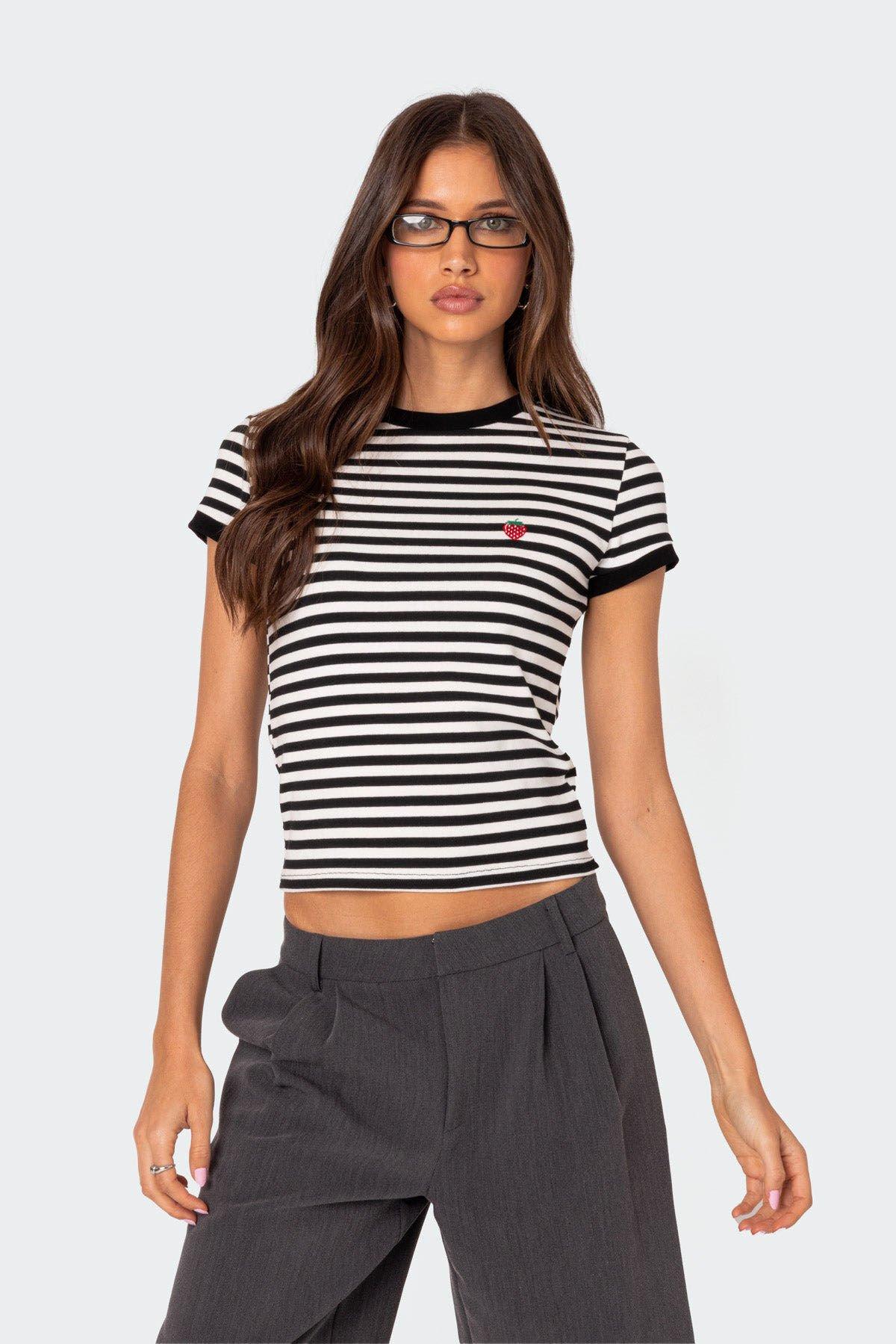 Edikted Women's Strawberry Fields Striped T-Shirt in Black/White - Product Image