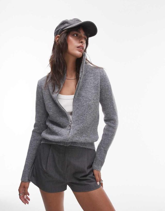 Topshop knit fluffy zip through cardigan in gray Product Image