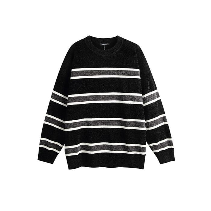 Round Neck Drop Shoulder Striped Oversized Sweater Product Image