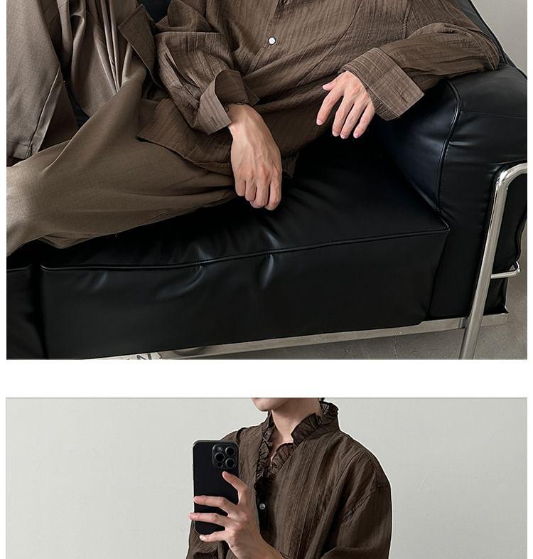 Long Sleeve V-Neck Plain Frill Shirt Product Image