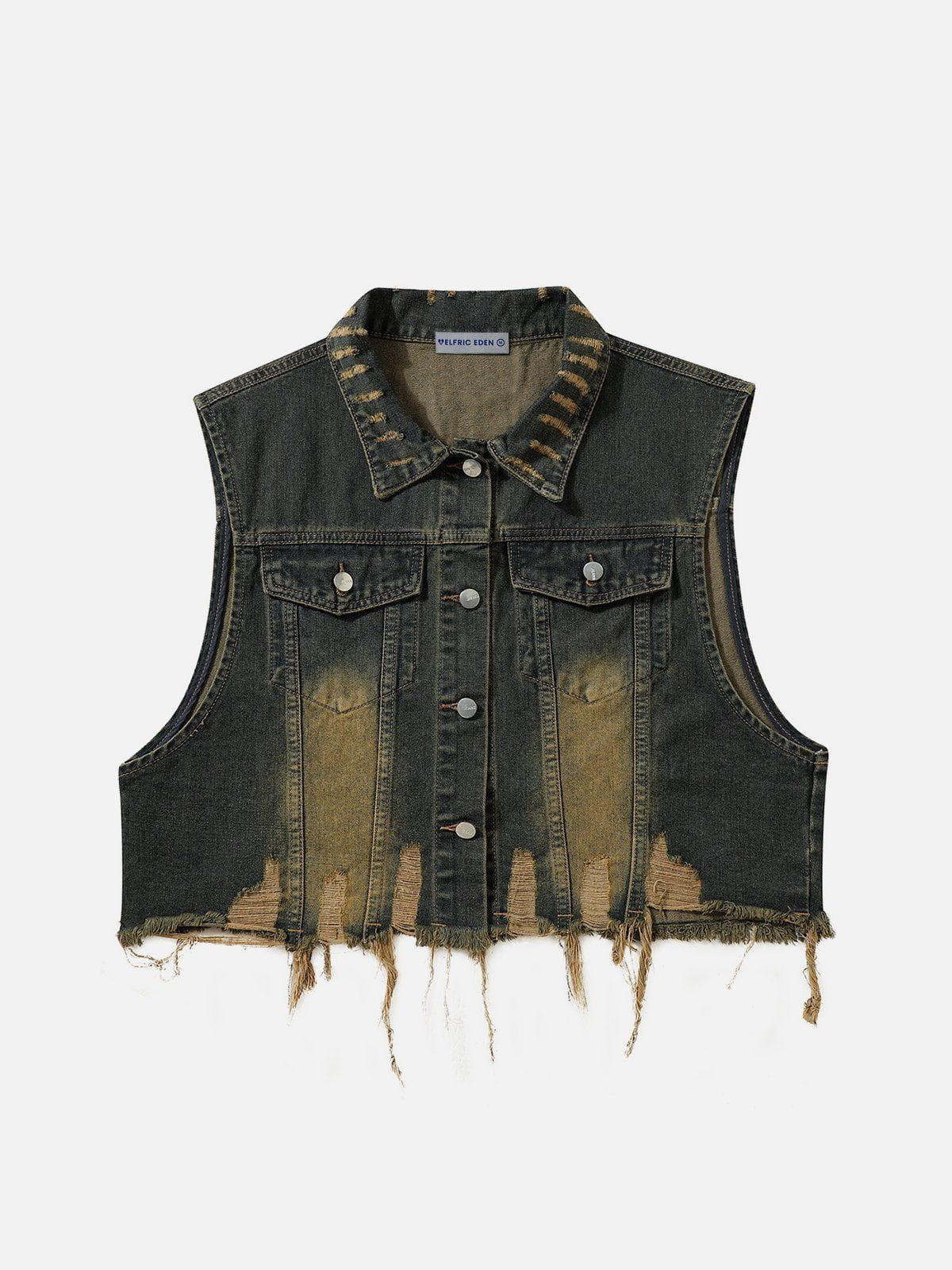 Aelfric Eden Distressed Fringe Washed Denim Vest Product Image