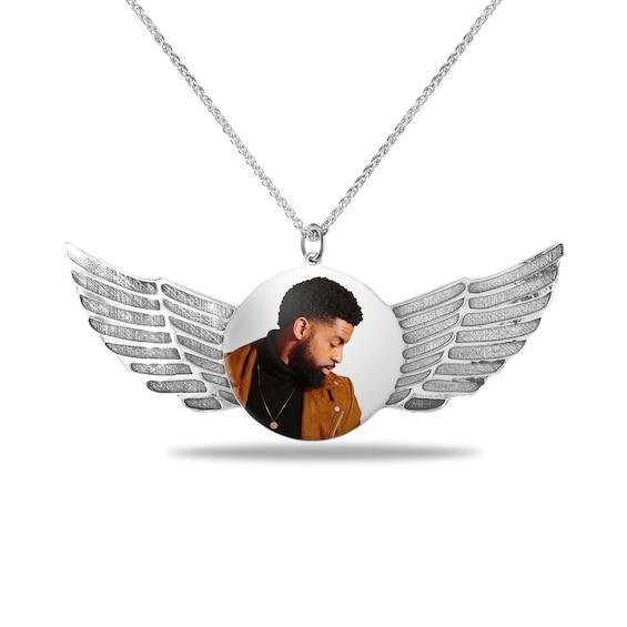 Men's Engravable Photo Disc with Angel Wings Pendant in Sterling Silver (1 Image and 4 Lines) Product Image