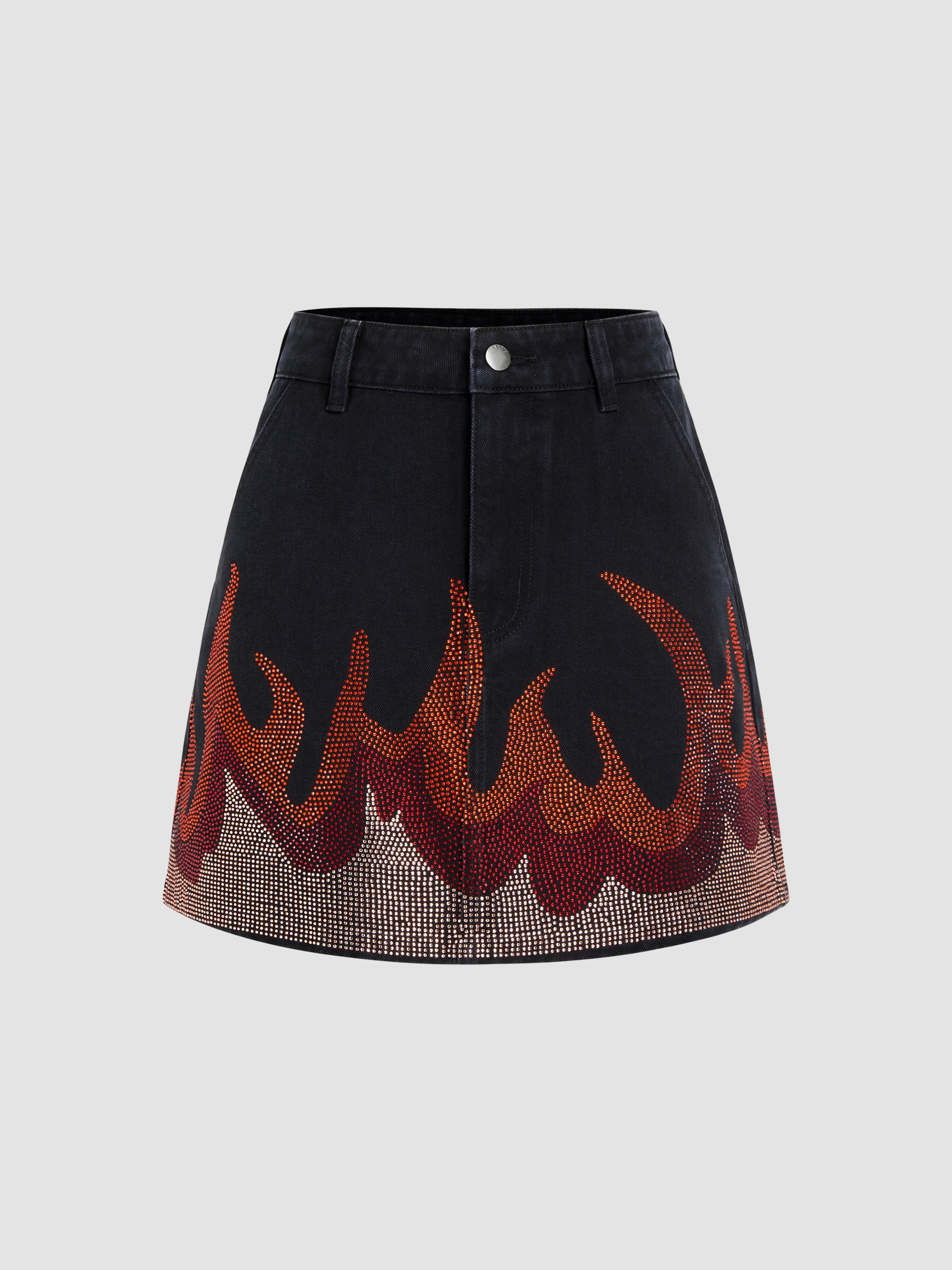 Low Waist Fire Rhinestone Denim Mini Skirt Product Image