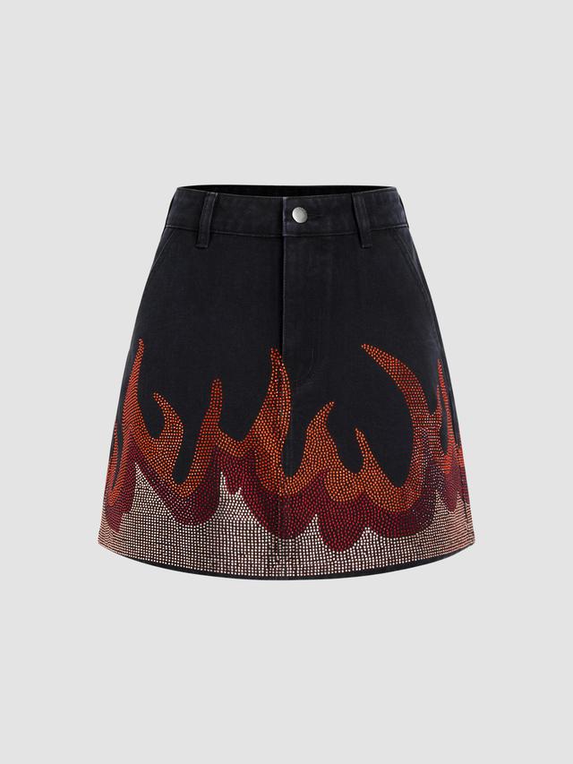 Low Waist Fire Rhinestone Denim Mini Skirt Product Image