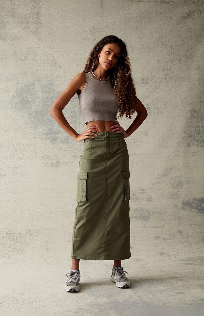 PacSun Womens Olive Stretch High-Waisted Cargo Midi Skirt product image