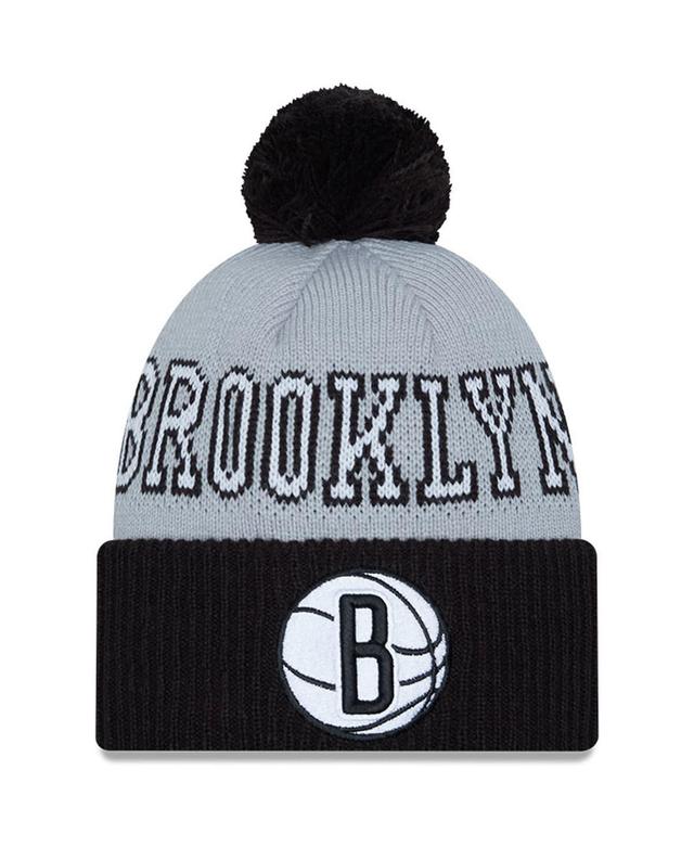 Mens New Era Black/Gray Brooklyn Nets Tip-Off Two-Tone Cuffed Knit Hat with Pom Product Image