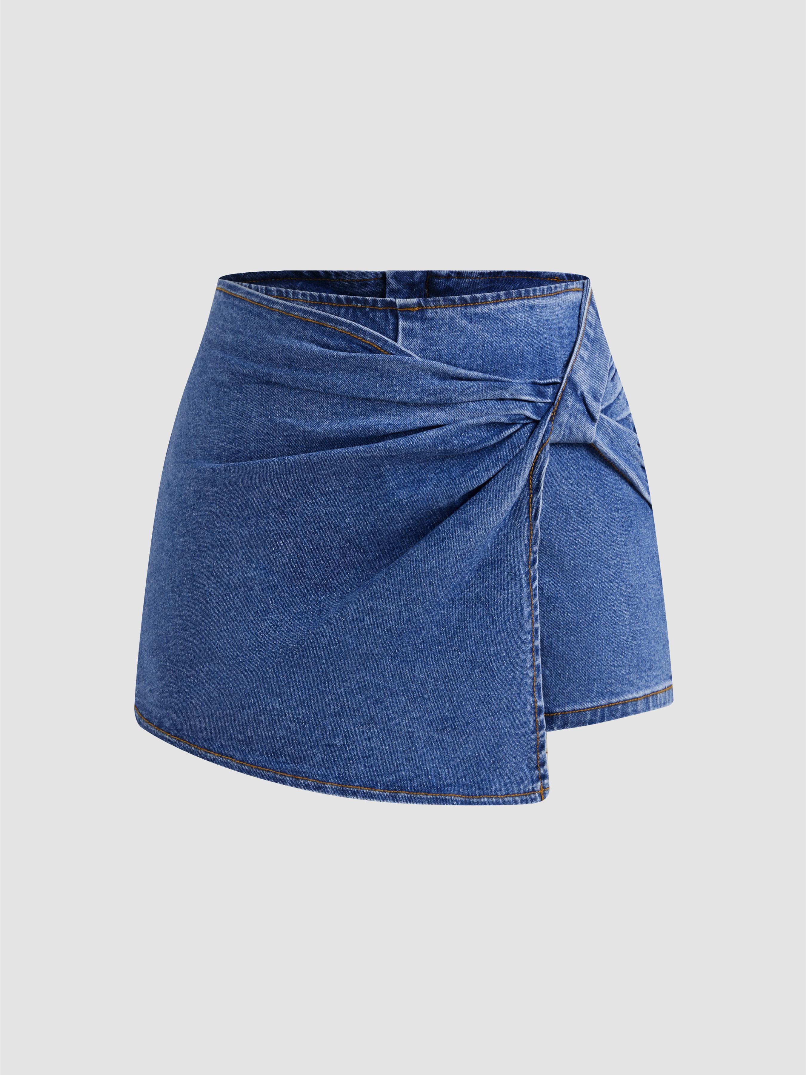 High Stretch Denim Mid Rise Solid Wrap Zipper Micro Skort Product Image