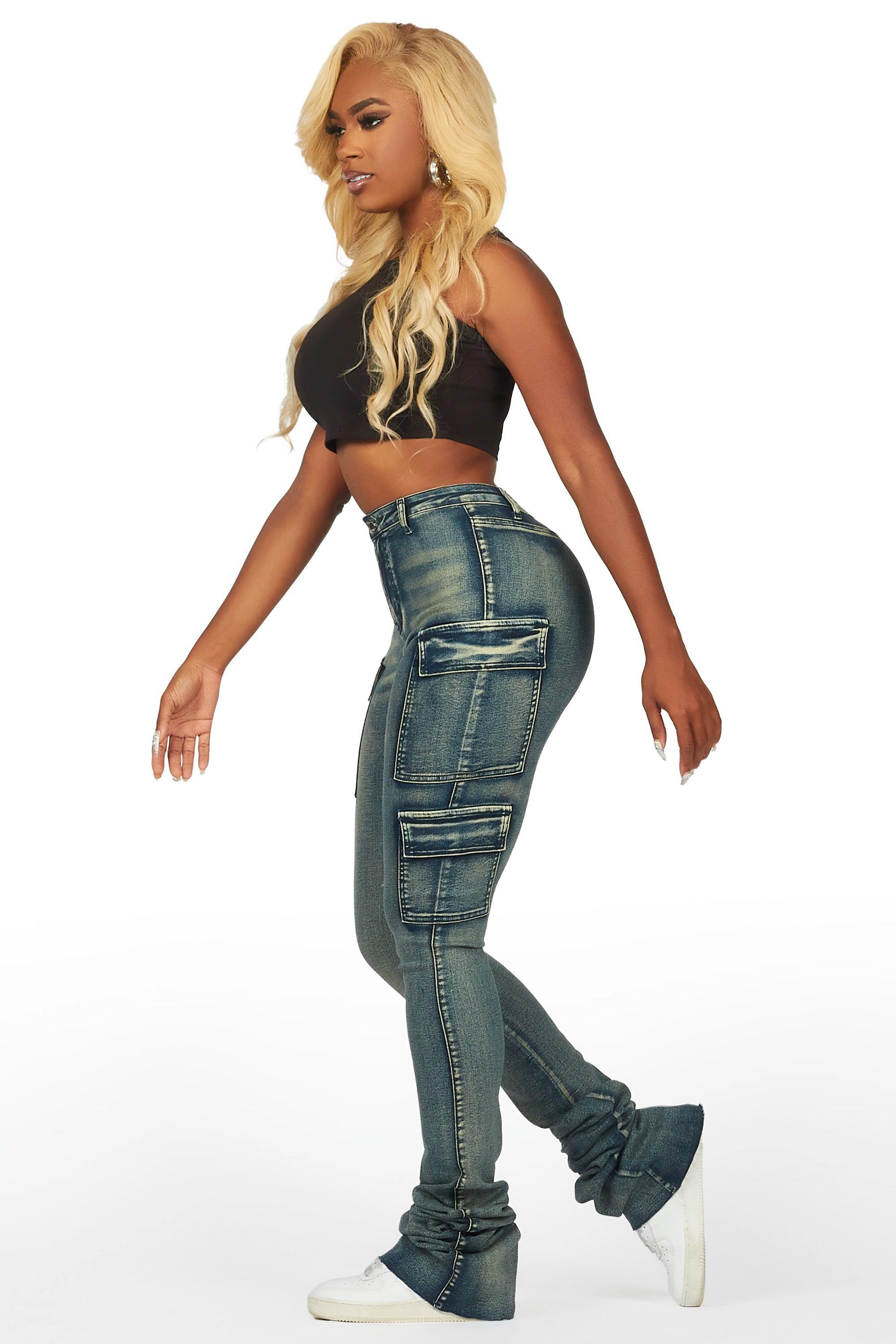 Vixen Tinted Dark Wash Cargo Super Stacked Pant Female Product Image