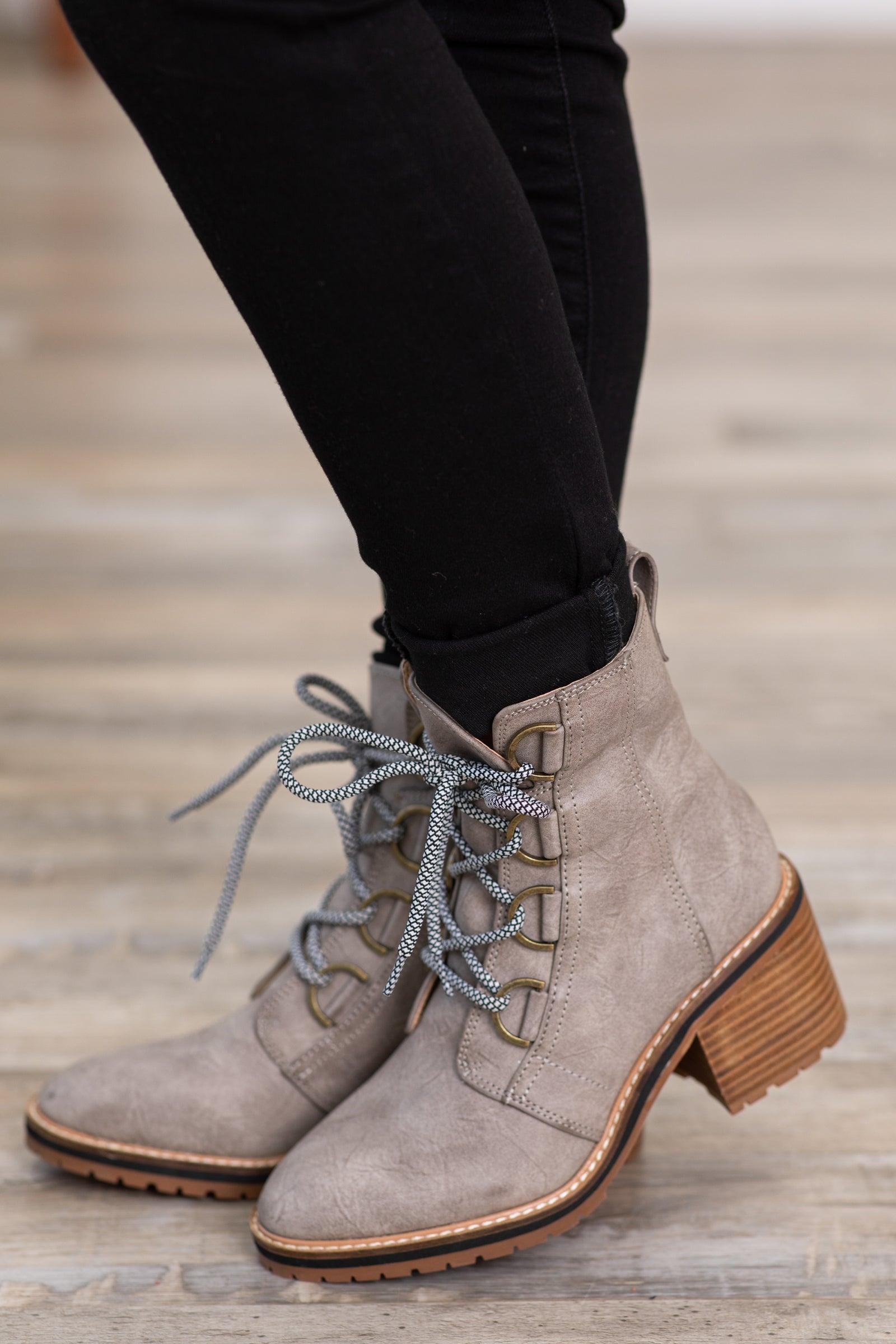 Grey Lace Up Boots With Block Heel Product Image