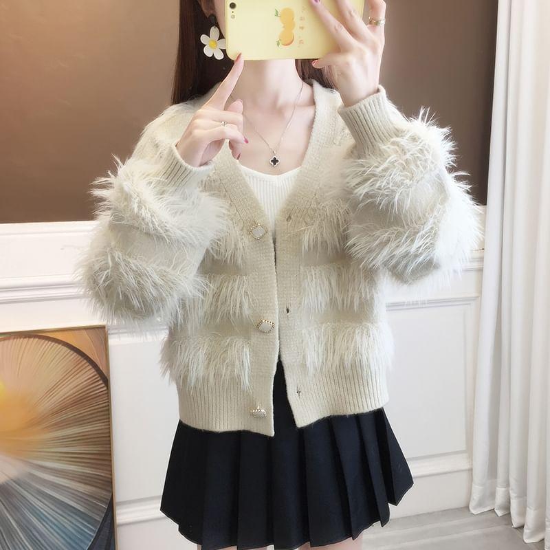 V-Neck Plain Fluffy Button-Up Crop Cardigan Product Image