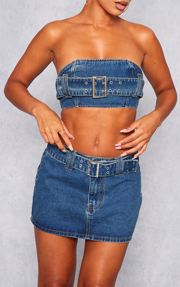  Indigo Vintage Wash Buckle Detail Denim Mini Bandeau Top Product Image