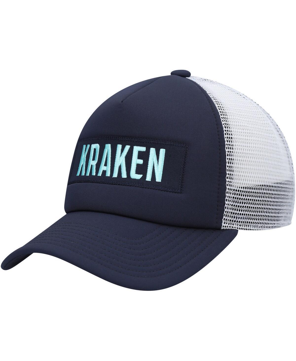 Mens adidas Deep Sea Blue/White Seattle Kraken Team Plate Trucker Snapback Hat Product Image