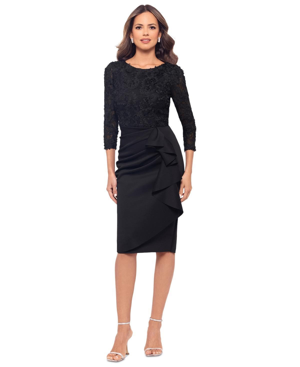 Xscape Womens Long-Sleeve Ruffled Lace Midi Dress Product Image