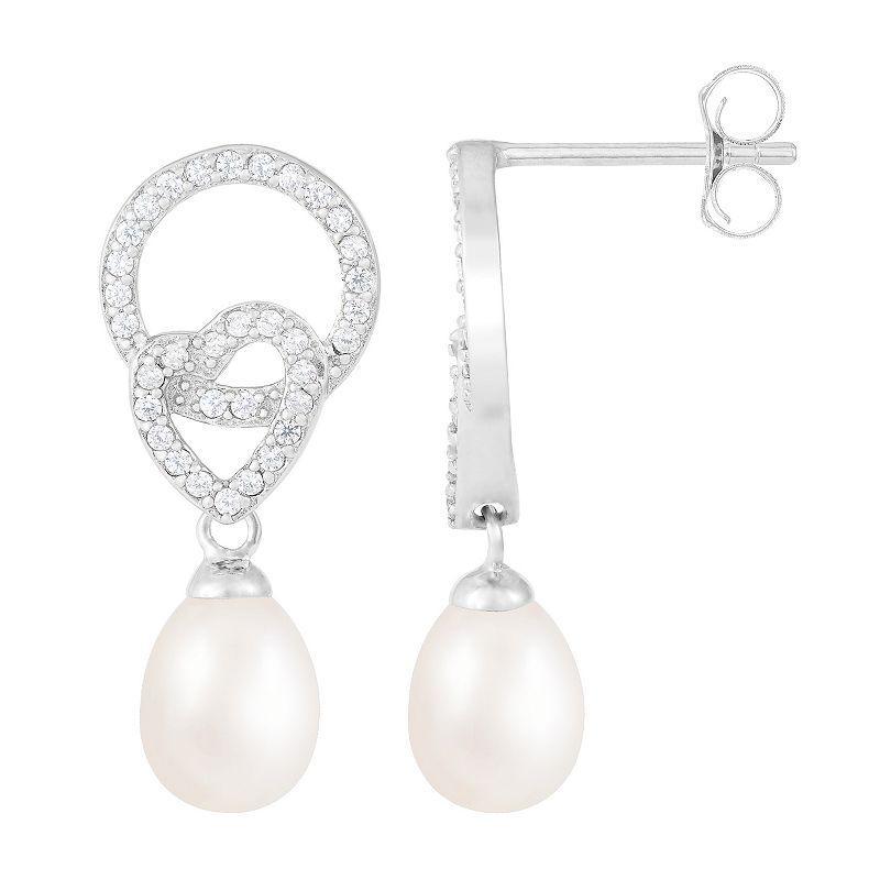 Sterling Silver Freshwater Cultured Pearl Heart Drop Earrings, Womens Product Image