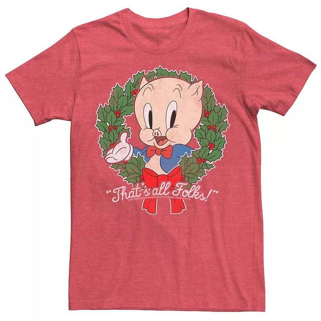 Mens Looney Tunes Christmas Porky Pig Thats All Folks Wreath Tee Product Image