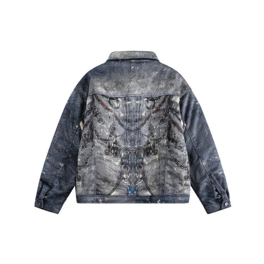 Collared Splash Print Washed Button-Up Denim Jacket Product Image