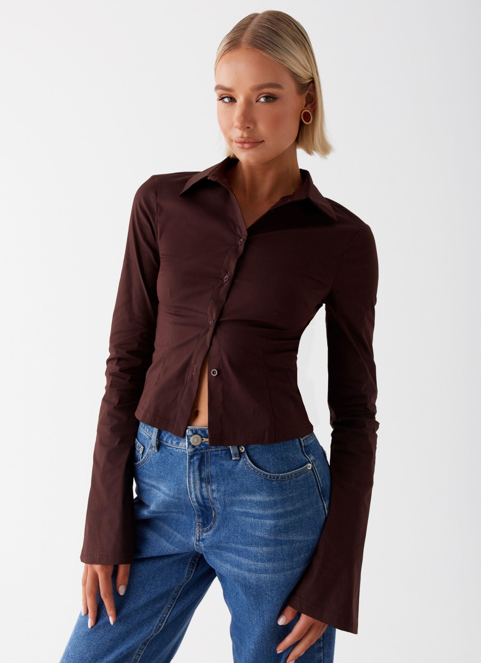 Leah Fitted Button Up Shirt - Chocolate Product Image