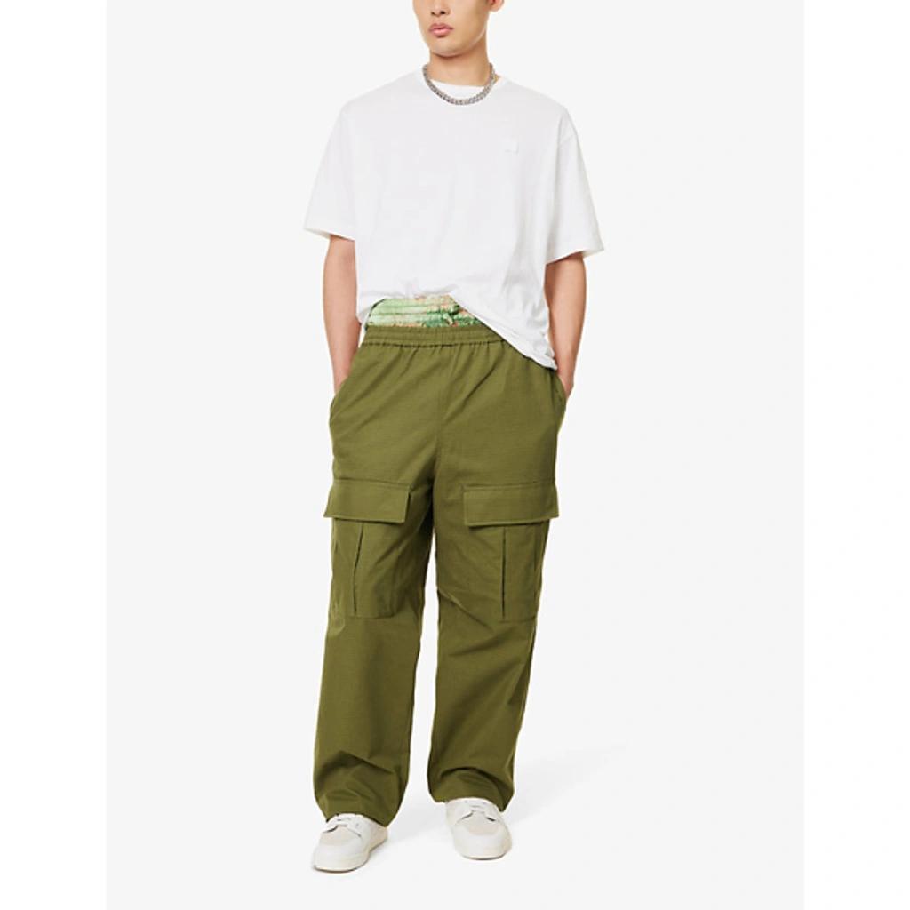 Mens Olive Green Prudento Flap-pocket Relaxed-fit Wide-leg Cotton Trousers Product Image