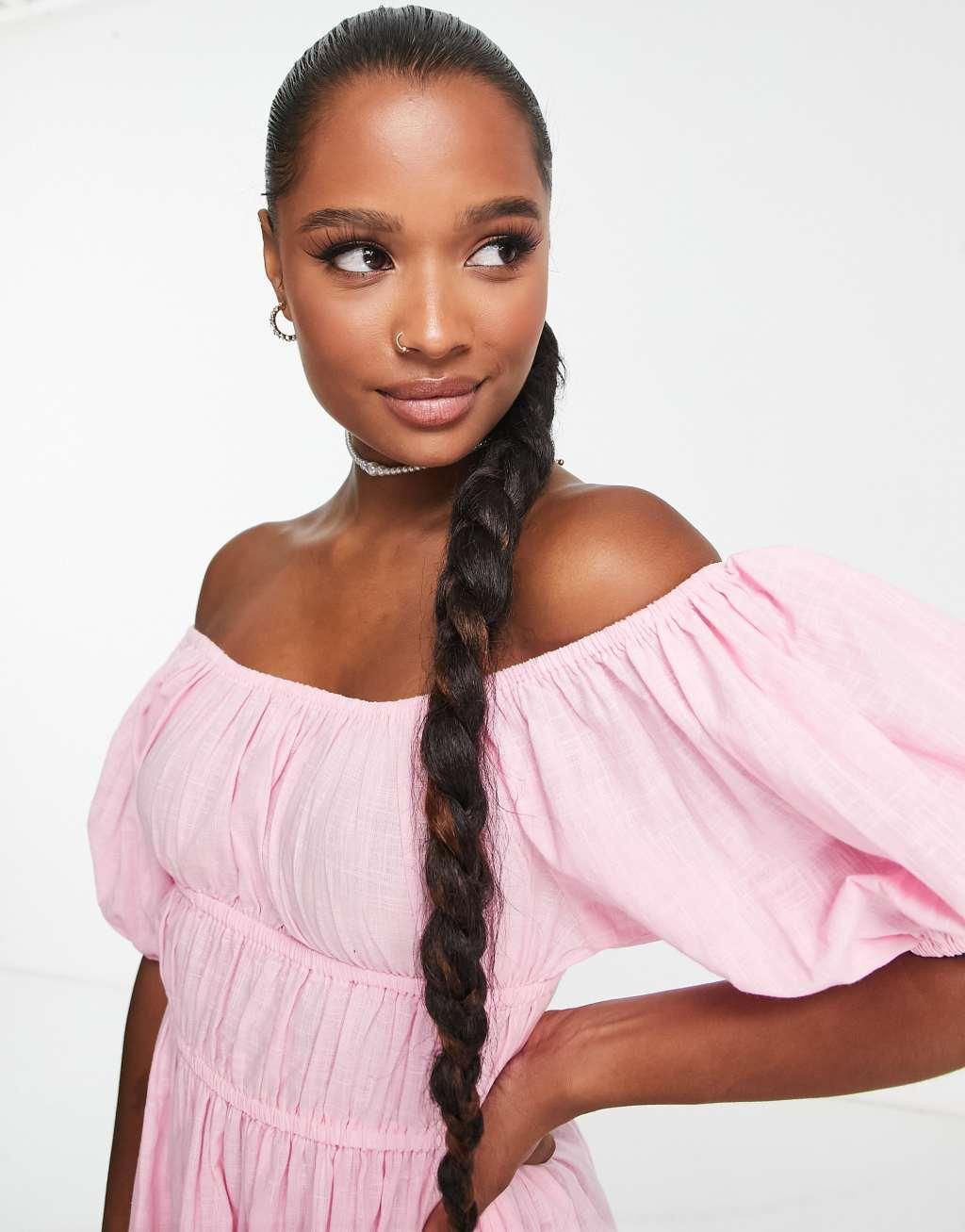 ASOS DESIGN petite off shoulder milkmaid beach dress in pink Product Image