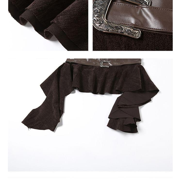 High Rise Plain Buckled Ruffle Asymmetrical Faux Leather Mini Pencil Skirt Product Image