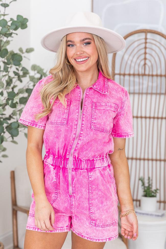 Forever Mine Hot Pink Acid Washed Denim Romper Product Image