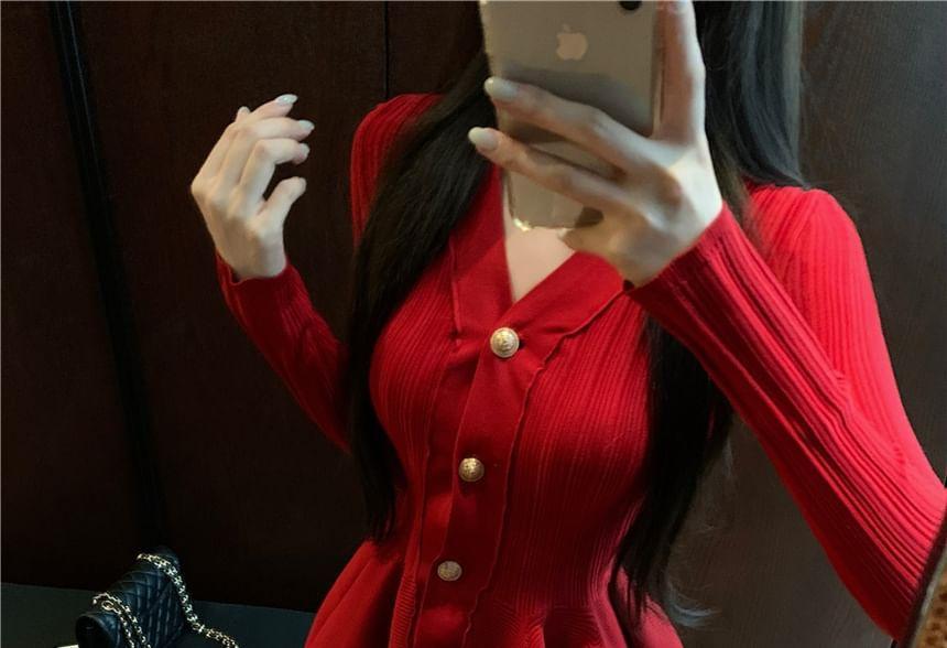 Long-Sleeve V-Neck Plain Button-Up Mini A-Line Knit Dress Product Image