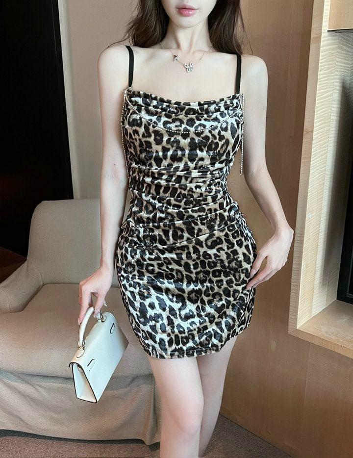 Spaghetti Strap Leopard Print Mini Bodycon Dress Product Image