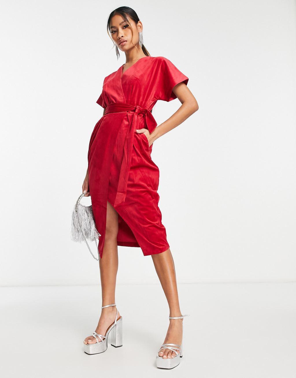 Closet London kimono sleeve velvet midi dress with wrap tie in red Product Image