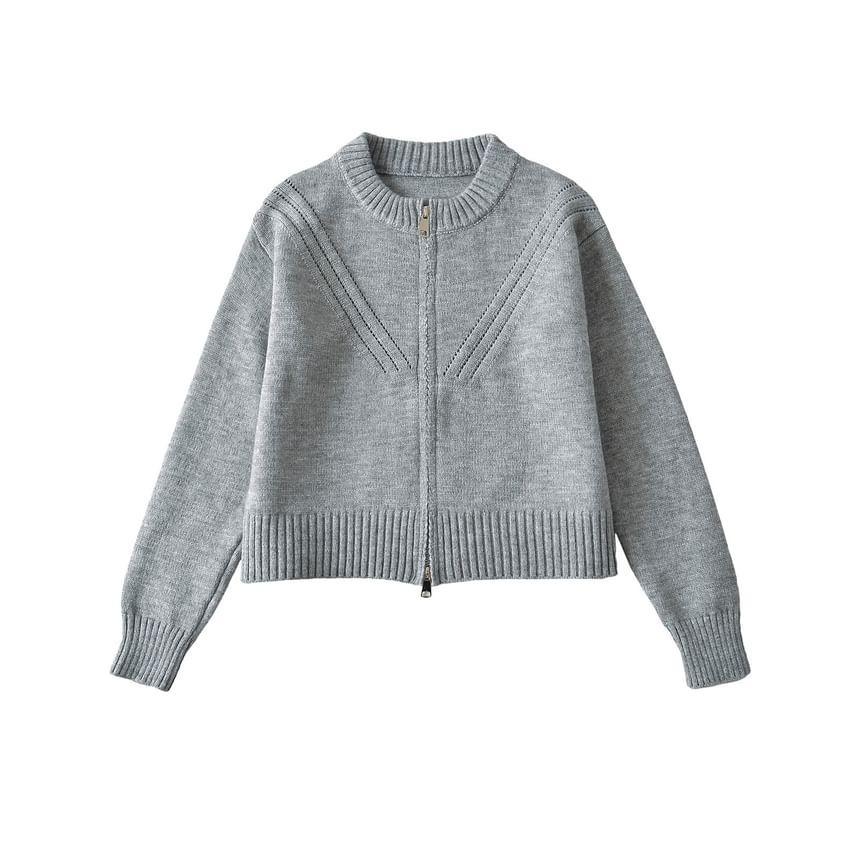 Crew Neck Plain Perforated Zip-Up Crop Cardigan Product Image