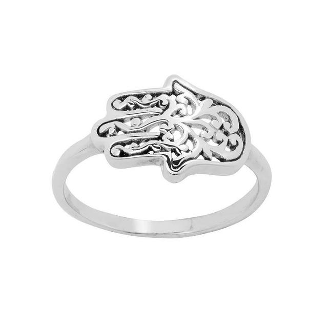 Main and Sterling Oxidized Sterling Silver Filigree Hamsa Ring, Womens Product Image