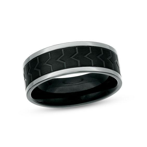 Men's 8.0mm Satin Chevron Center Wedding Band in Stainless Steel with Black IP Product Image