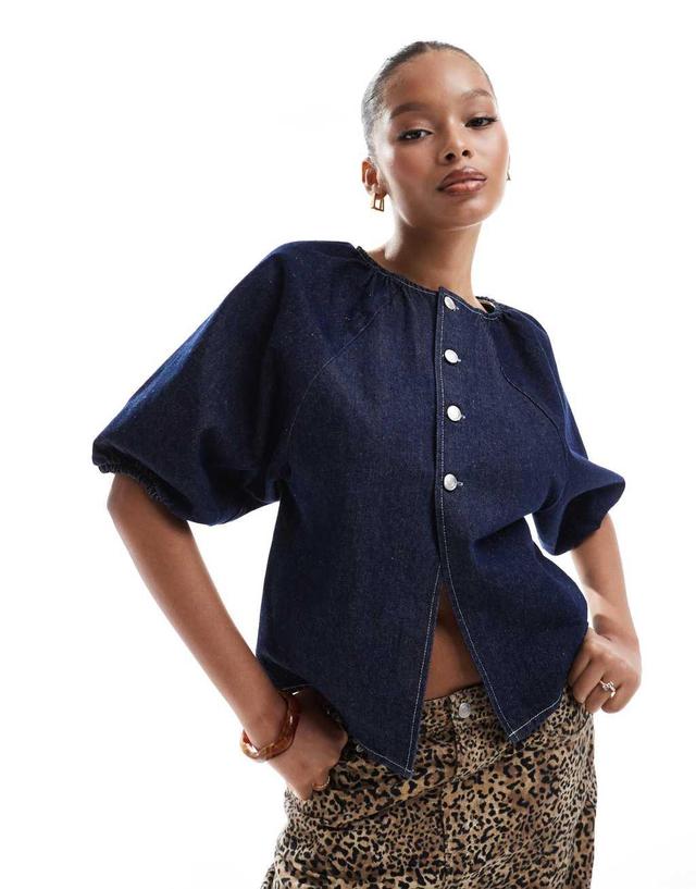 ASOS DESIGN denim raglan sleeve top in indigo Product Image