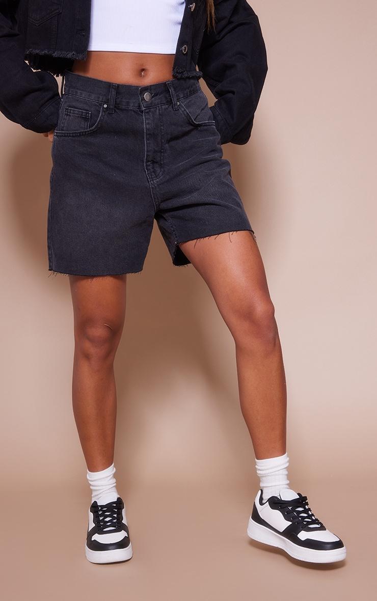 Washed Black Raw Hem Longline Denim Mom Shorts Product Image