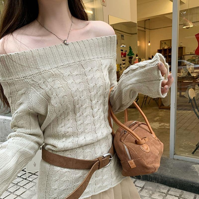 Long Sleeve Off Shoulder Plain Cable Knit Top Product Image