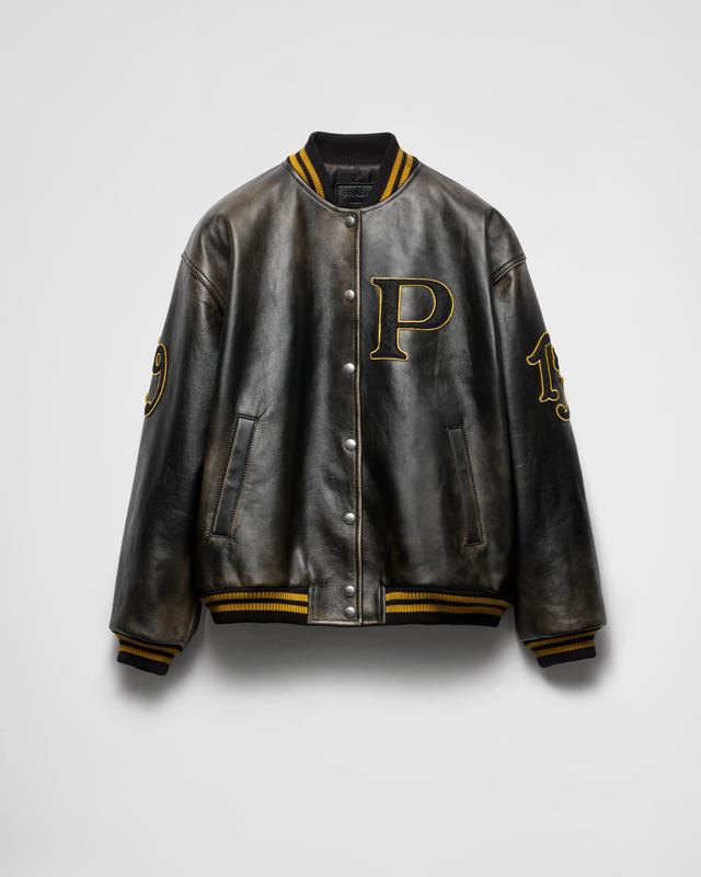 Leather bomber jacket with patch Product Image